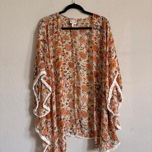 Truself woman’s open front bohemian kimono size 1X fringe floral casual chic